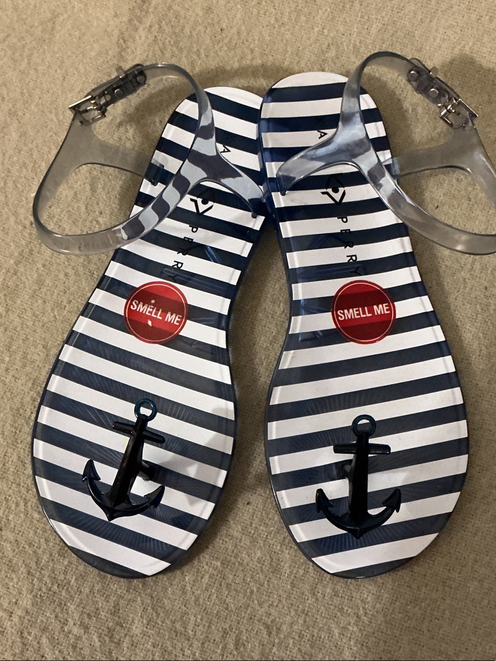 Katy Perry Collections Navy & White Striped Jelly Sandals with Anchor Charm